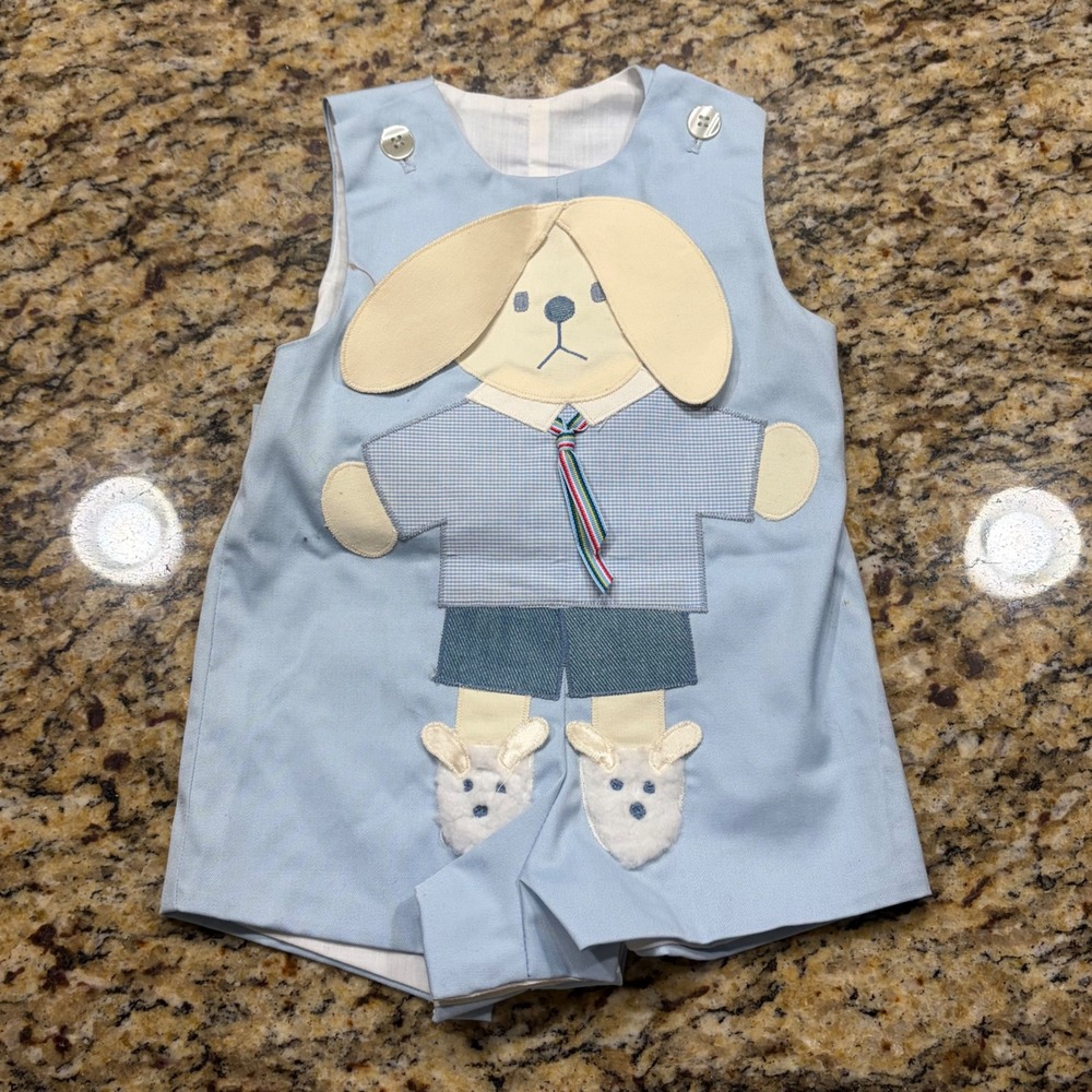 Vintage Chocolate Soup Boys Blue Puppy Dog Applique Romper Shortall Size M 2T